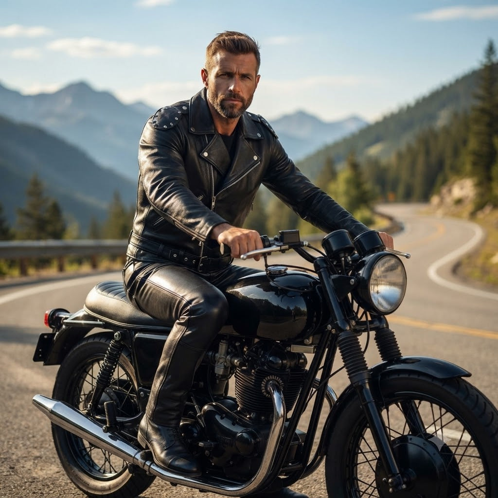 A man wearing a black leather jacket and matching leather pants rides a black motorcycle on a winding mountain road.