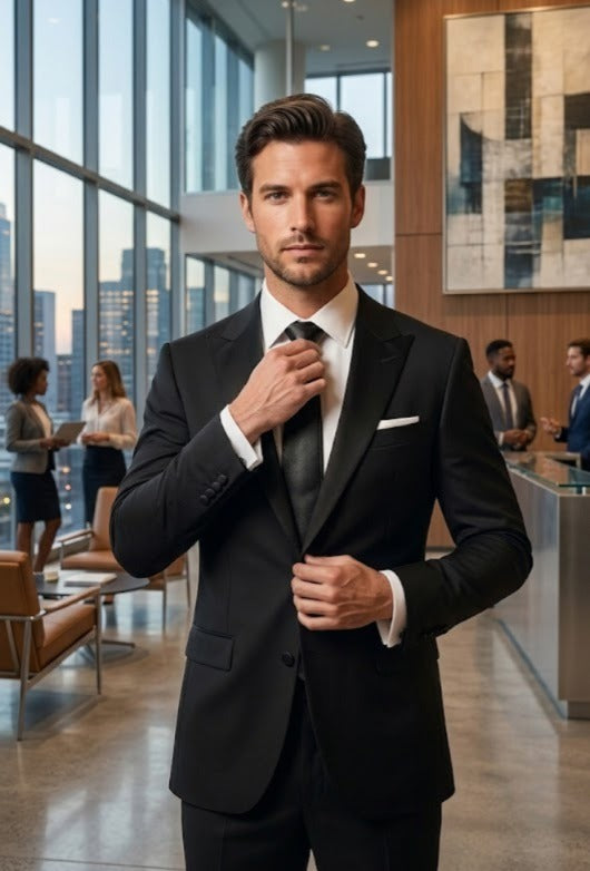 A man in a black suit, white dress shirt, and black tie standing in a modern office lobby, adjusting his collar with one hand and buttoning his jacket with the other.