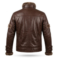 Men’s Brown Genuine Leather Jacket with Fur Collar – Aviator Style