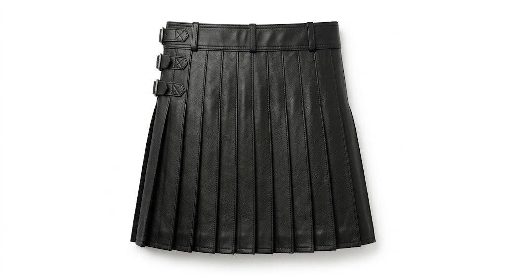 A black leather pleated mini skirt with a wide waistband and three decorative buckle details on the left side, shown against a plain white background.