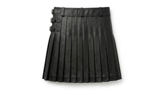 A black leather pleated mini skirt with a wide waistband and three decorative buckle details on the left side, shown against a plain white background.