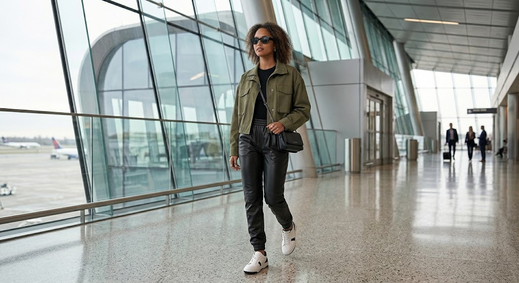 A woman walking through an airport terminal wearing an olive green utility jacket, black t-shirt, black jeans, white sneakers, and carrying a black shoulder bag.