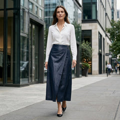 A woman walking on a city sidewalk wearing a white long-sleeve button-up shirt and a dark navy wrap-style midi skirt with black heels.