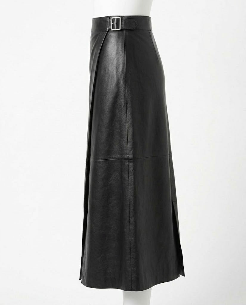 A black leather midi skirt with a matching belt and silver buckle, displayed on a white mannequin against a plain white background.