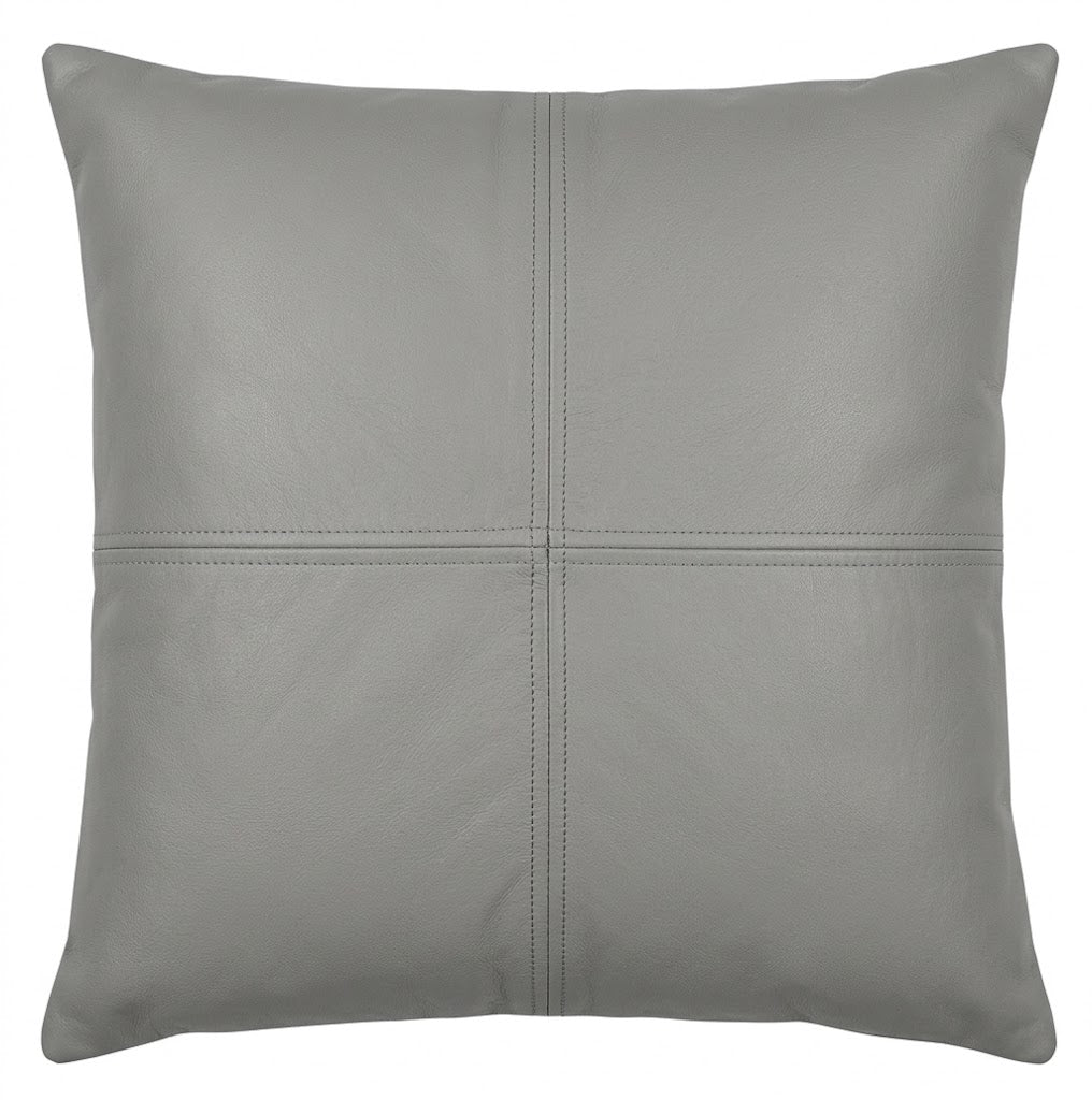 A square gray throw pillow with a smooth -leather texture and stitched panel details, shown against a plain white background.