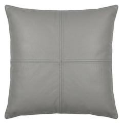 A square gray throw pillow with a smooth -leather texture and stitched panel details, shown against a plain white background.