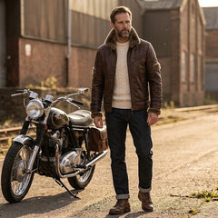 Men’s Brown Genuine Leather Jacket with Fur Collar – Aviator Style