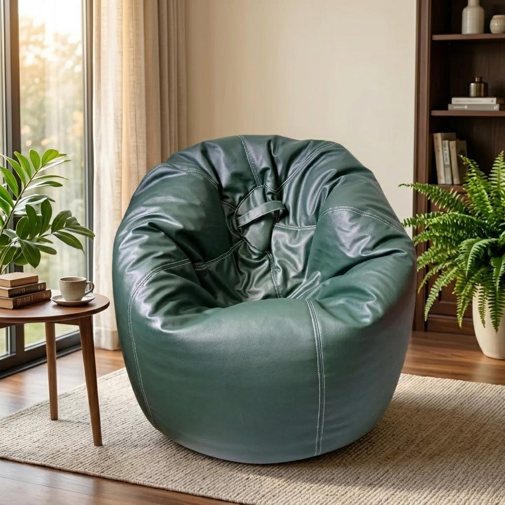 A large, rounded bean bag chair upholstered in dark green faux leather, styled in a cozy living room setting with a side table, potted plants, and a bookshelf.