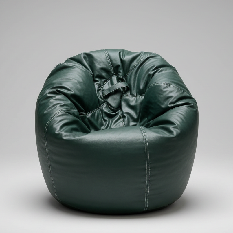 A dark green leather bean bag chair with a smooth, glossy finish, photographed on a neutral gray studio background.