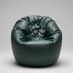A dark green leather bean bag chair with a smooth, glossy finish, photographed on a neutral gray studio background.