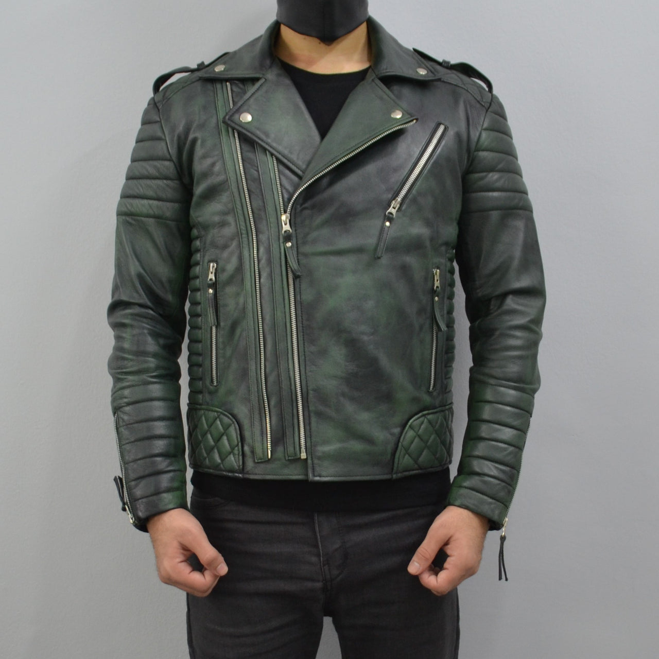 Men's Brando Camo Green Motorcycle Geniune Leather Biker Jacket