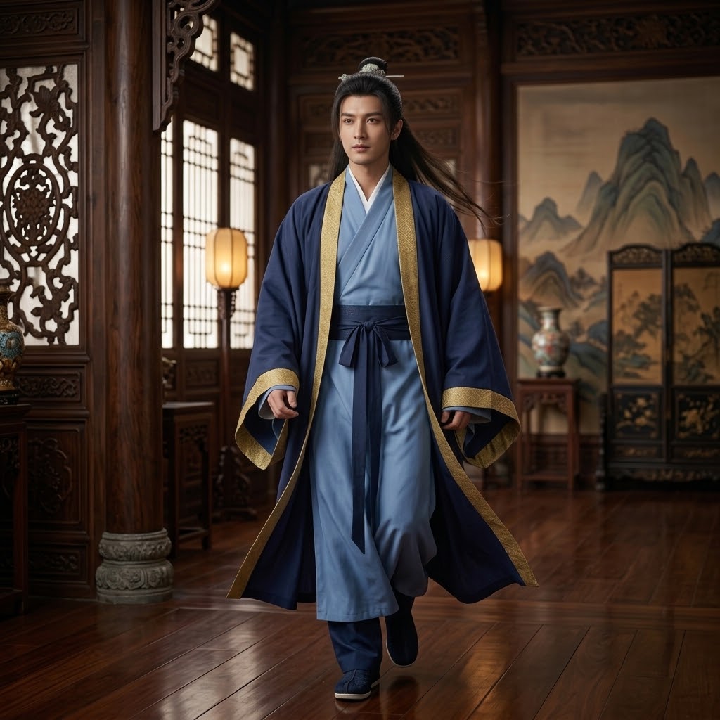 A man wearing a traditional Chinese Hanfu outfit with a navy blue outer robe, light blue inner tunic, and gold trim, walking through a detailed wooden Chinese courtyard.