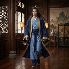 A man wearing a traditional Chinese Hanfu outfit with a navy blue outer robe, light blue inner tunic, and gold trim, walking through a detailed wooden Chinese courtyard.