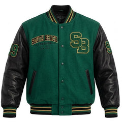 A green and black varsity jacket with 'South Beach Leather' text and 'SB' monogram on the front, shown on a plain white background.