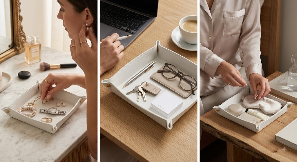 A three-panel lifestyle collage showing a white rectangular tray with raised edges used as a desk organizer. The left panel shows hands placing jewelry in the tray on a marble countertop.