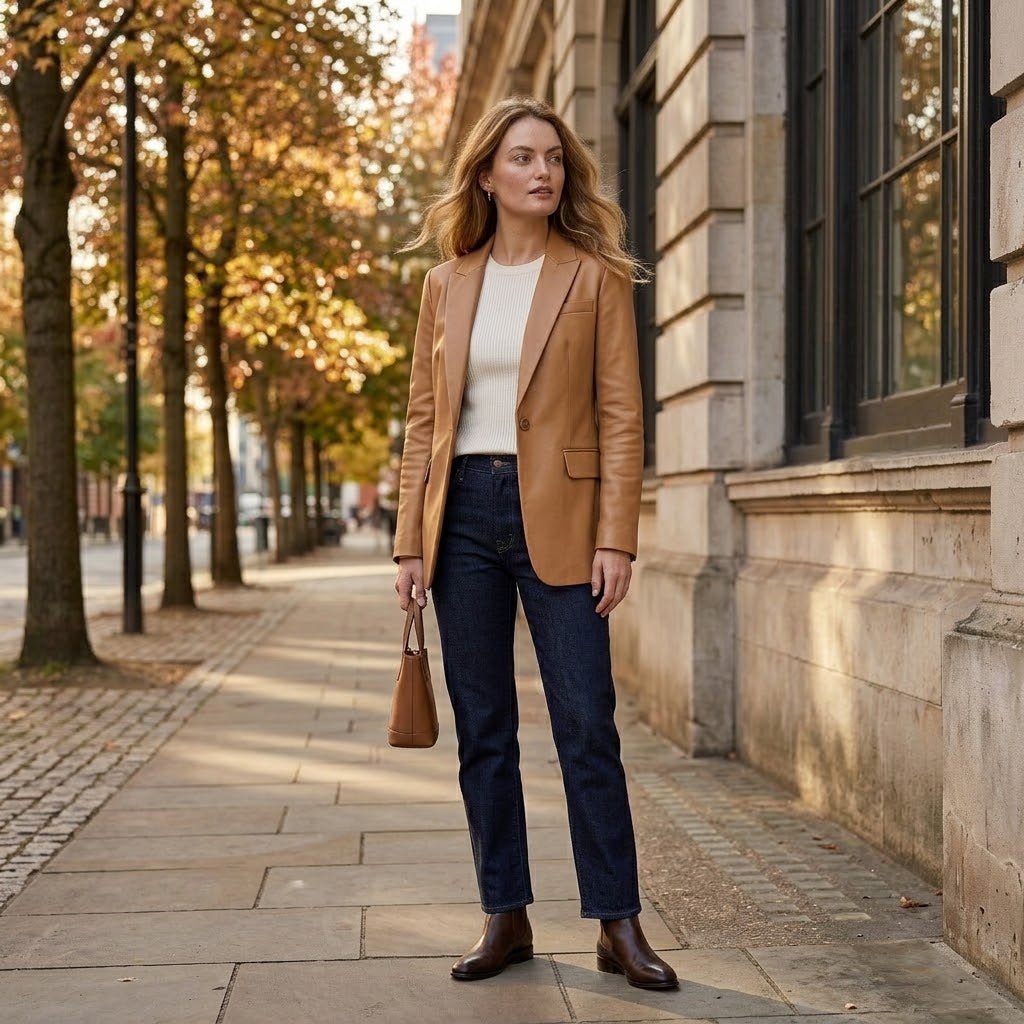 A woman stands on a city sidewalk wearing a tan blazer, white top, dark blue jeans, and brown ankle boots, holding a small tan handbag. Trees with autumn leaves line the street beside a stone building.