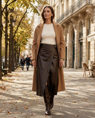 A woman walking down a sunlit city street wearing a camel mid-length coat over a cream ribbed top, a dark brown wrap-style skirt, and dark brown ankle boots.