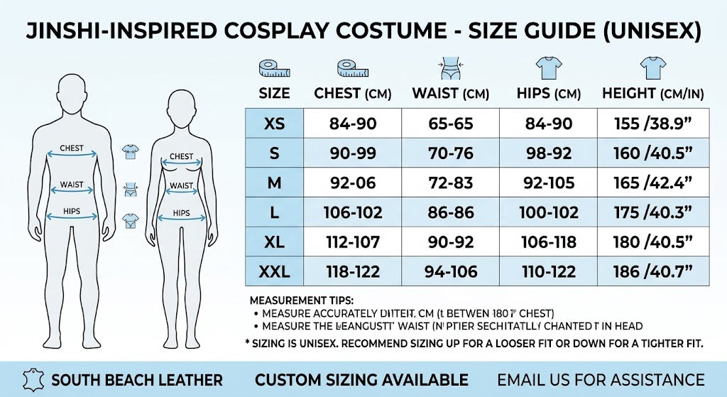 A size guide infographic for a unisex cosplay costume by South Beach Leather, featuring a measurement table from XS to XXL with chest, waist, hips, and height measurements, alongside body silhouette diagrams indicating where to measure.