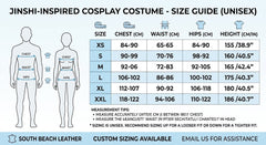 A size guide infographic for a unisex cosplay costume by South Beach Leather, featuring a measurement table from XS to XXL with chest, waist, hips, and height measurements, alongside body silhouette diagrams indicating where to measure.