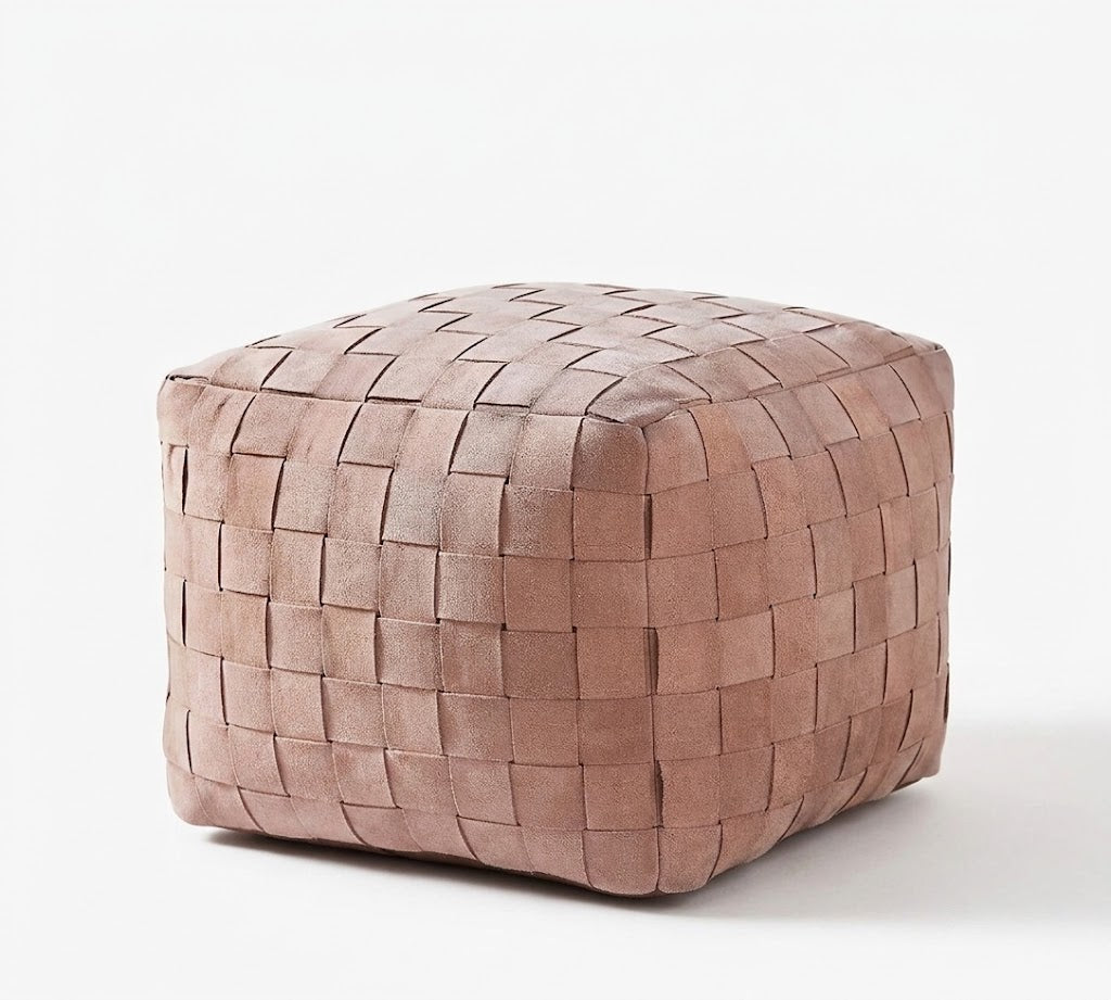 A square woven leather pouf ottoman in a dusty rose pink color, shown on a clean white background.