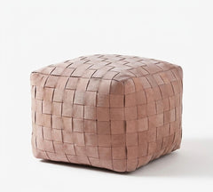 A square woven leather pouf ottoman in a dusty rose pink color, shown on a clean white background.