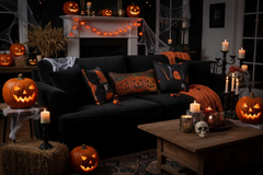 A cozy Halloween-themed living room scene with a black sofa decorated with orange and black jack-o'-lantern pillows, candles, cobwebs, pumpkins, a wooden coffee table, and a fireplace mantel lit with lanterns.