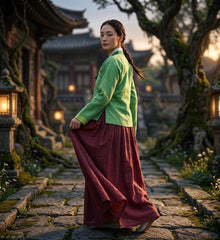 A woman wearing a traditional Korean Hanfu outfit with a light green jacket and a deep burgundy skirt, standing on a stone path in a scenic, mossy courtyard.