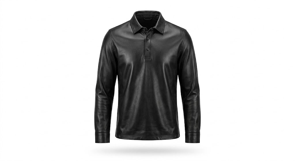 A black long-sleeve polo shirt with a leather finish, shown on a clean white background with a subtle drop shadow.