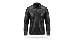 A black long-sleeve polo shirt with a leather finish, shown on a clean white background with a subtle drop shadow.
