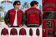 South Beach Leather varsity jacket shown in front and back views on a model, with close-up detail panels. The jacket is red with black leather sleeves and black ribbed trim, featuring 'SOUTH BEACH LEATHER' and 'SB' embroidery.