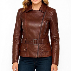 Women's Cognac Wax Asymmetrical Real Leather Biker Jacket