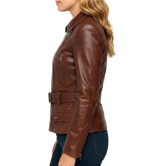 Women's Cognac Wax Asymmetrical Real Leather Biker Jacket