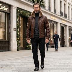 Men’s Brown Genuine Leather Jacket with Fur Collar – Aviator Style