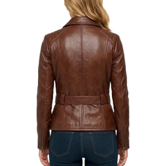 Women's Cognac Wax Asymmetrical Real Leather Biker Jacket