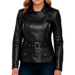Women's Cognac Wax Asymmetrical Real Leather Biker Jacket