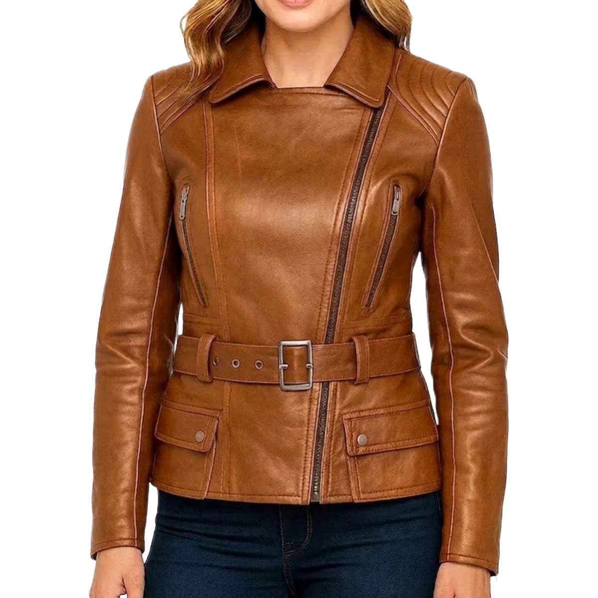 Women's Cognac Wax Asymmetrical Real Leather Biker Jacket