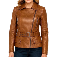 Women's Cognac Wax Asymmetrical Real Leather Biker Jacket