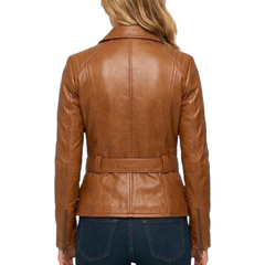 Women's Cognac Wax Asymmetrical Real Leather Biker Jacket