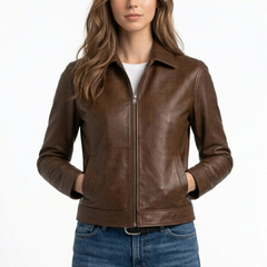 Women's Brown Lambskin Leather Jacket - Retro Vintage Design Coat