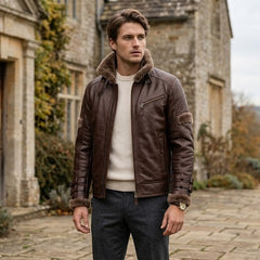 Men’s Brown Genuine Leather Jacket with Fur Collar – Aviator Style
