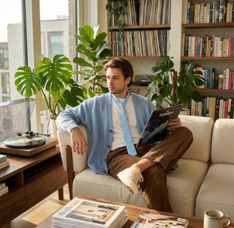 A man sits on a cream sofa in a cozy, book-filled room, wearing a light blue cardigan, white shirt, light blue tie, and brown trousers while holding a vinyl record.