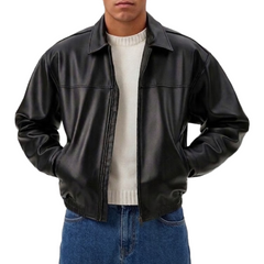Men’s Classic Black Sheepskin Leather Zip-Up Oversized Jacket