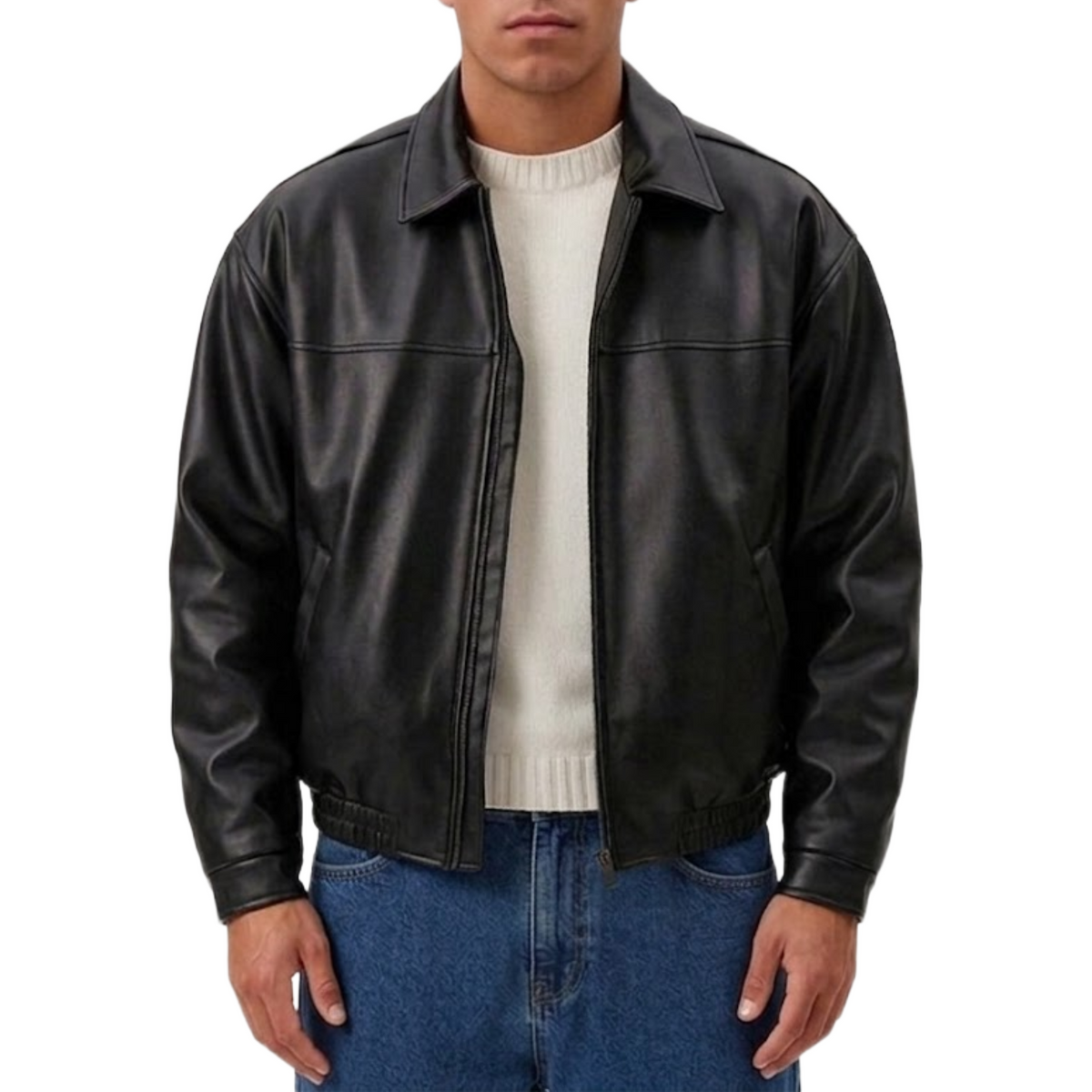 Men’s Classic Black Sheepskin Leather Zip-Up Oversized Jacket