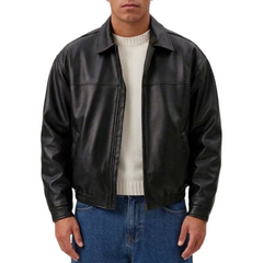 Men’s Classic Black Sheepskin Leather Zip-Up Oversized Jacket