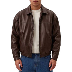 Men’s Classic Black Sheepskin Leather Zip-Up Oversized Jacket