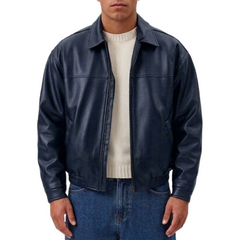 Men’s Classic Black Sheepskin Leather Zip-Up Oversized Jacket