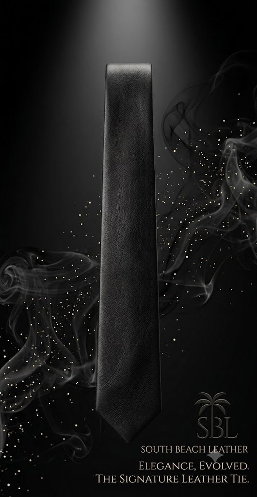 A dark charcoal gray leather tie is shown vertically against a black background with dramatic smoke effects and light speckles. Text at the bottom reads 'SOUTH BEACH LEATHER' and 'ELEGANCE, EVOLVED.
