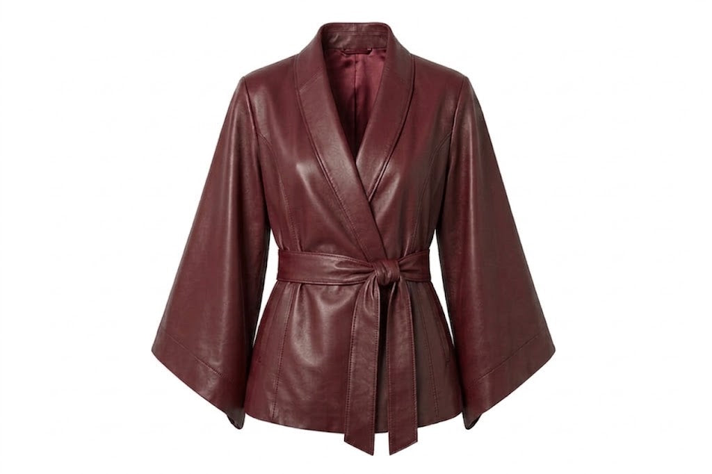 A dark burgundy leather kimono-style jacket with wide sleeves and a matching tie belt, displayed on a clean white background.