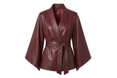 A dark burgundy leather kimono-style jacket with wide sleeves and a matching tie belt, displayed on a clean white background.