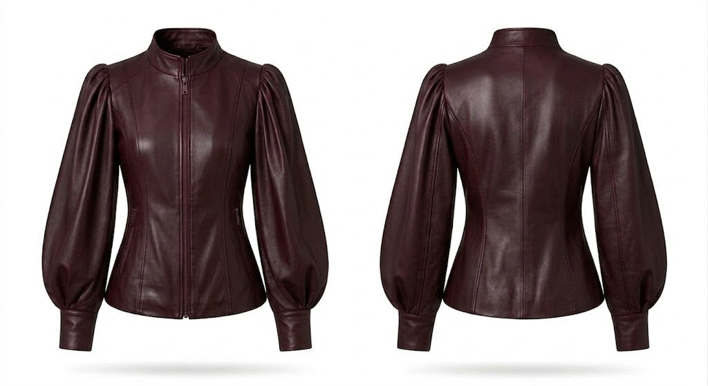 A dark burgundy leather jacket shown from both the front and back views, featuring a high mock neck, front zipper, and voluminous balloon sleeves, set against a plain white background.